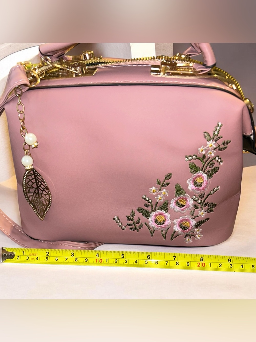 Floral Embroidered Blush Pink Satchel with Gold Hardware